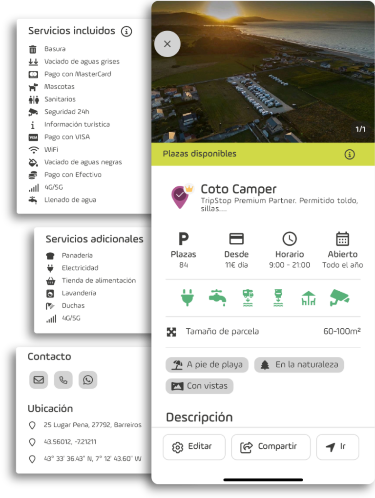 Una pantalla de TripStop con la información del área y una foto más tres recortes de detale con los servicios incluidos, los servicios adicionales y el contacto