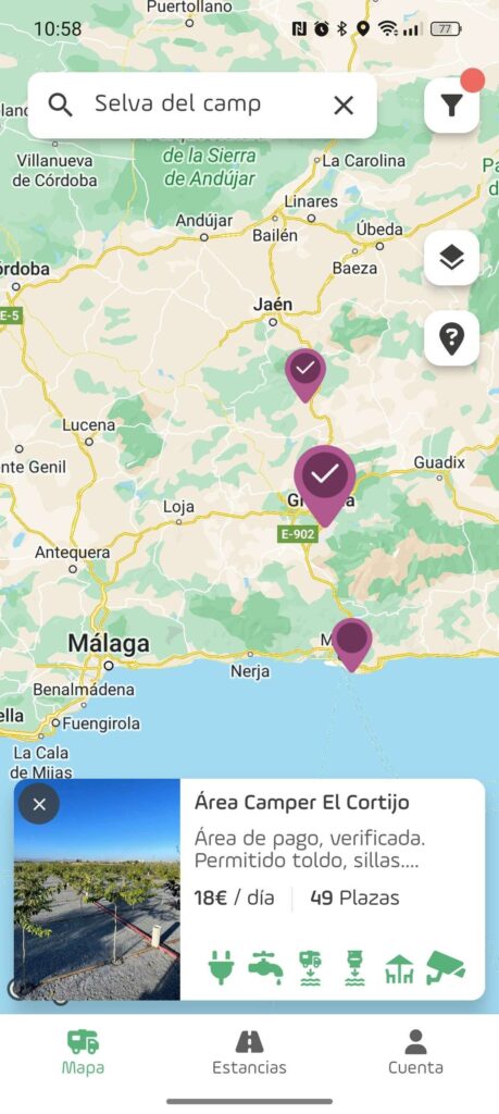 Captura de TripStop donde se ve el área Camper El Cortijo que es un área con acampada permitida