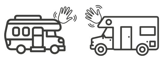 Ilustración lineal de dos autocaravanas enfrentadas con dos iconos de mano a modo de saludo