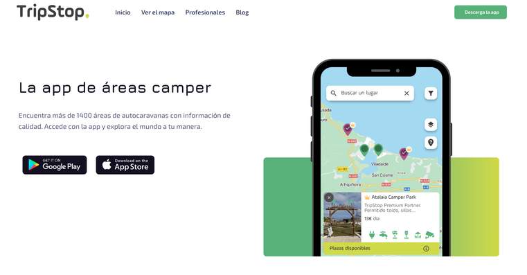Captura de la web de TripStop: la app de áreas camper