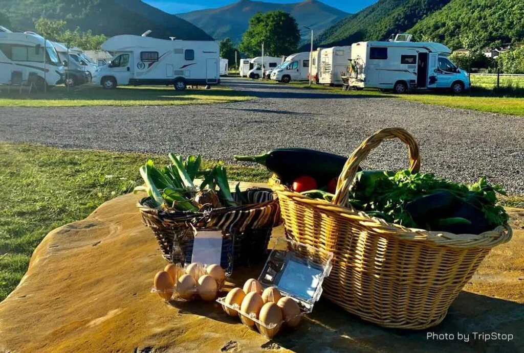 Cesta de productos en un área de autocaravanas en Ordesa