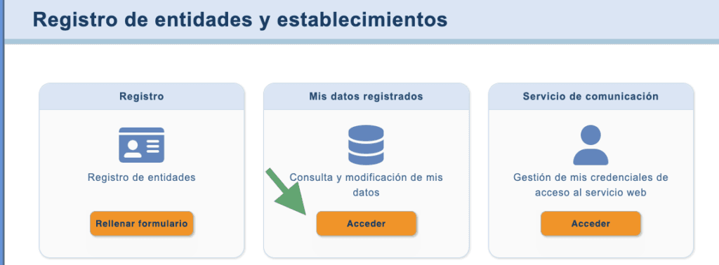 Caputra de la interfaz de la web Ses.Hospedajes con diferentes opciones. Una flecha indica la opción "Consulta y modificación de mis datos"