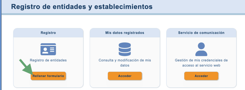 Caputra de la interfaz de la web Ses.Hospedajes con diferentes opciones. Una flecha indica la opción "Rellenar formulario"