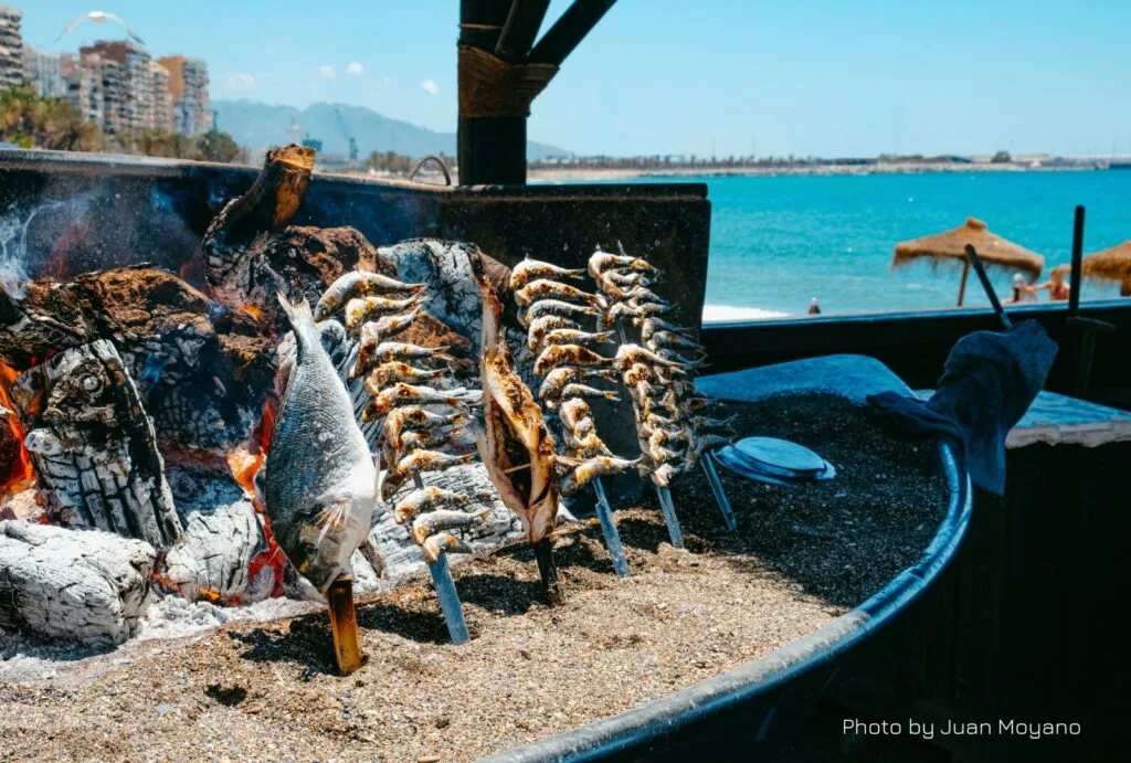 Espeto de sardinas asándose sobre brasas en una barca típica, con el mar al fondo. Una delicia tradicional malagueña perfecta para disfrutar junto a la playa, visita en autocaravana