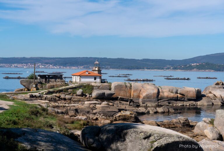 Imagen que muestra la belleza natural de la Illa de Arousa, una isla gallega conectada por un puente. Destacan las playas de aguas cristalinas, como Area Secada, ideales para relajarse. En el horizonte, el Faro de Punta Cabalo se alza como un lugar perfecto para fotografías. El Parque Natural do Carreirón, con sus rutas de senderismo y avistamiento de aves, invita a explorar. En el agua, kayaks se dirigen al islote de Guidoiro Areoso, un pequeño paraíso con arena blanca y aguas transparentes, perfecto para snorkel y buceo. Visaita en autocaravana
