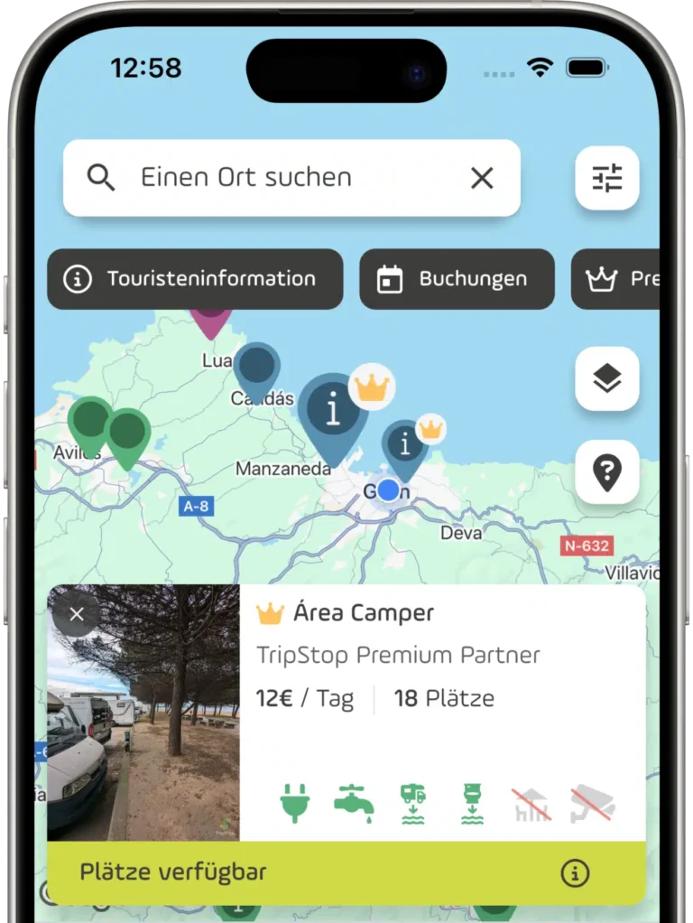TripStop-Bildschirm mit Kartenansicht, Suchfeld, Filtertaste und Übersicht einer Fläche auf der Karte
