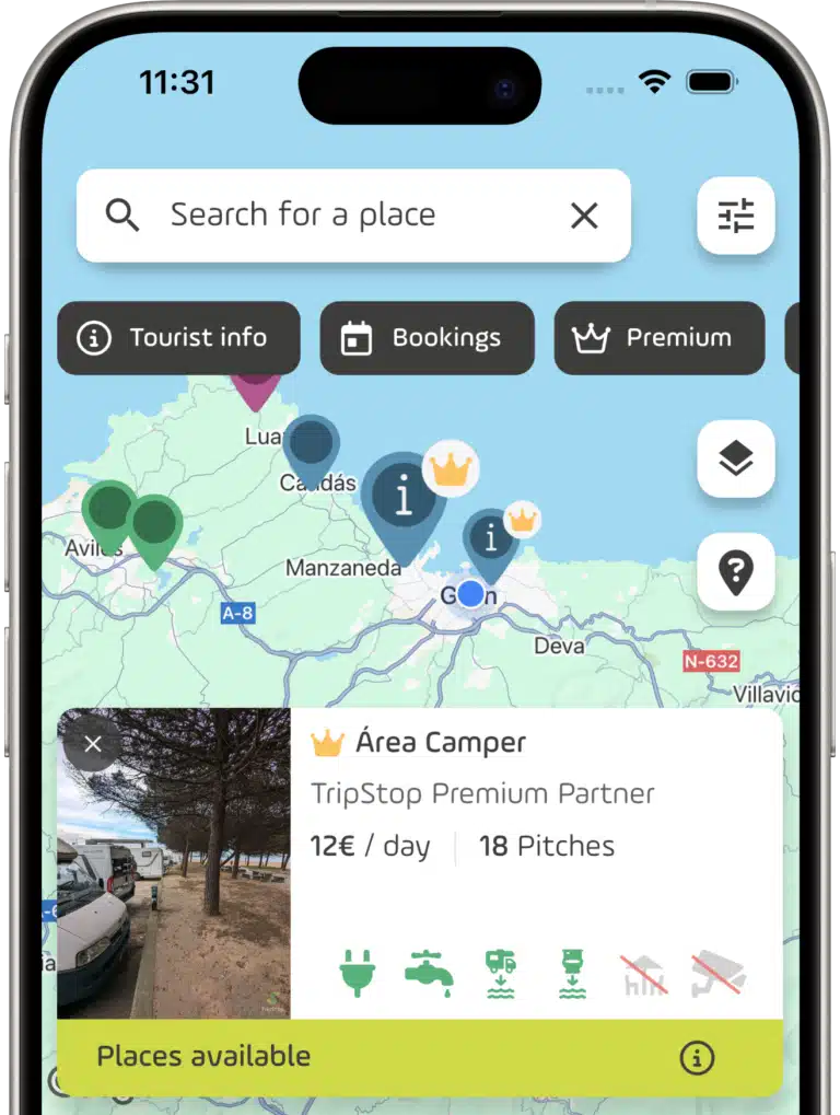 TripStop screen with map view, search box, filter button, and summary view of an area on the map