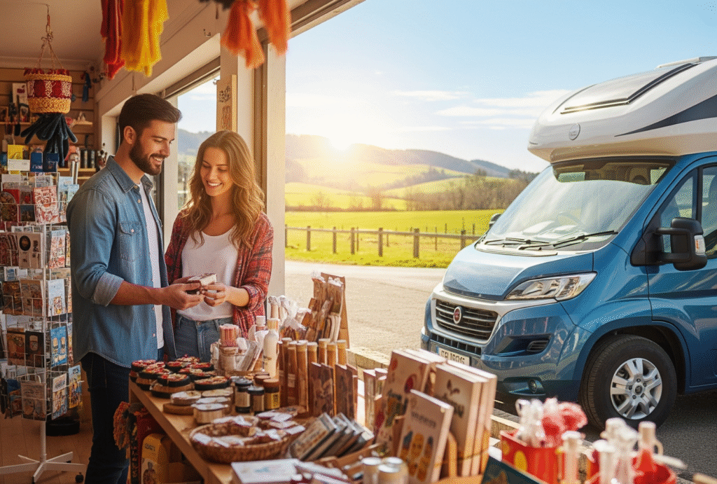 Una pareja sonriente observa productos locales en una tienda mientras una autocaravana azul está estacionada frente al establecimiento en un entorno rural y soleado.