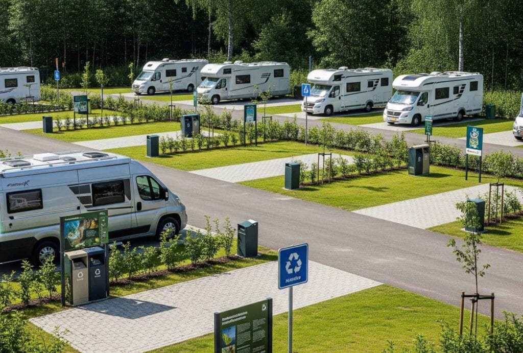 Área de autocaravanas moderna y ordenada con varias autocaravanas estacionadas, rodeada de vegetación, caminos asfaltados y servicios de reciclaje.