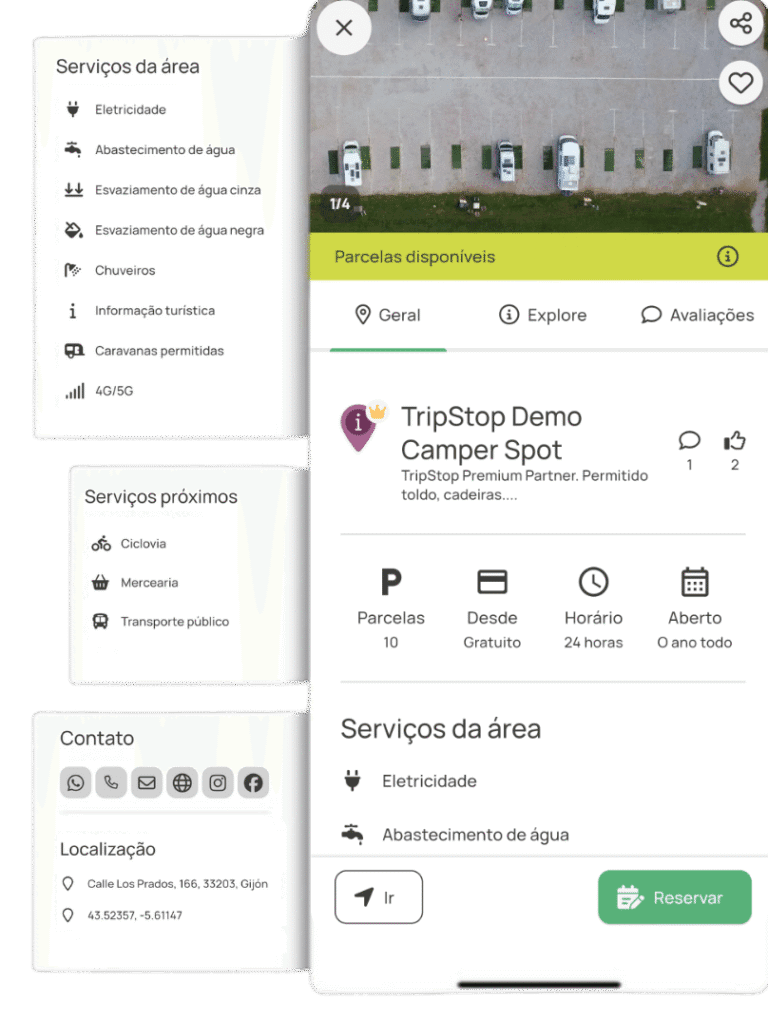 Ecrã do mapa e resumo da área no TripStop
