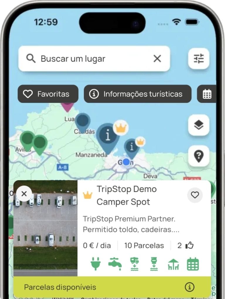 Ecrã do mapa e resumo da área no TripStop