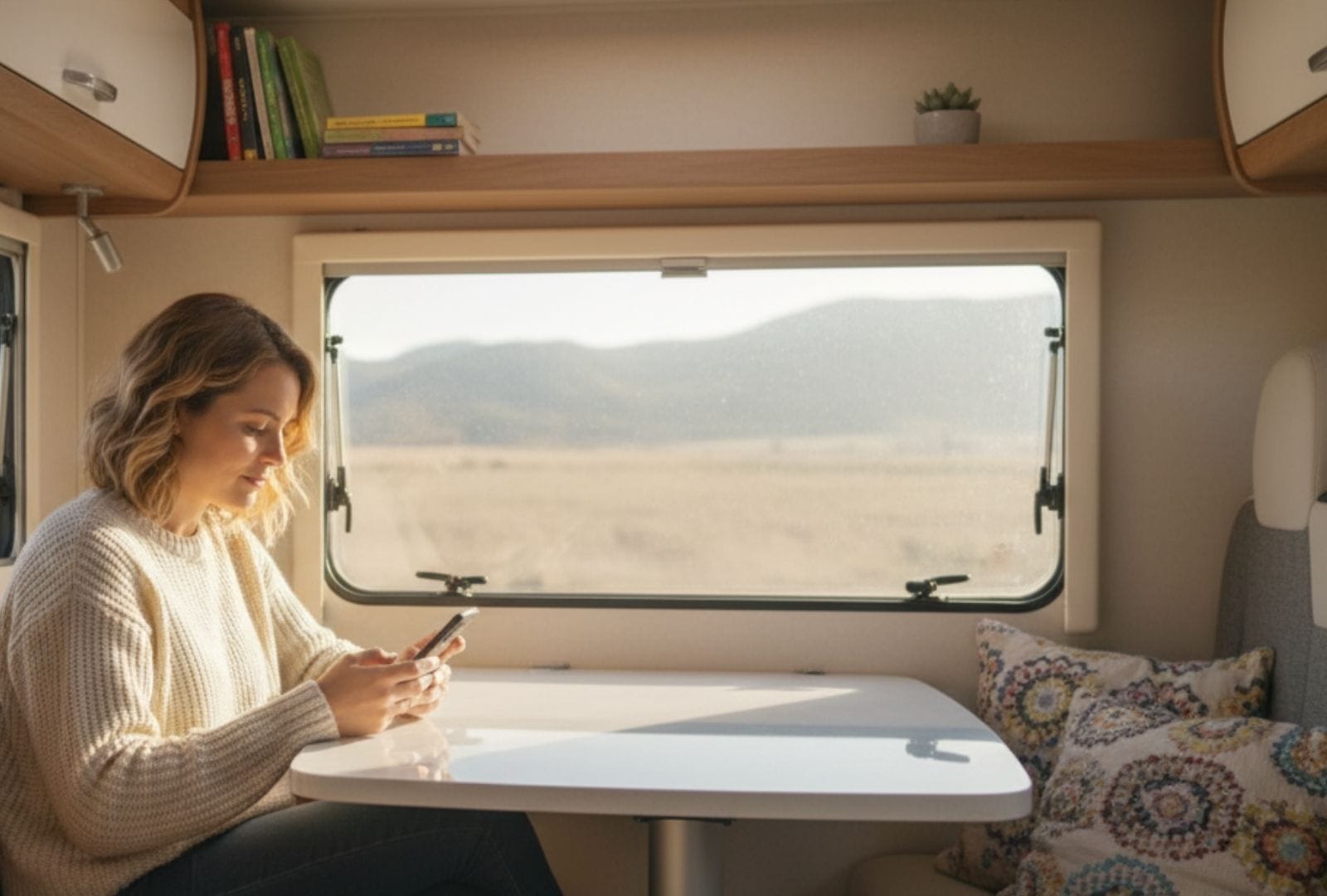 Mujer joven sentada en una caravana usando su teléfono móvil junto a una ventana con vista al campo.