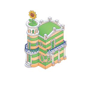 Dibujo isométrico de edificio similar al Capricho de Gaudí de Comillas