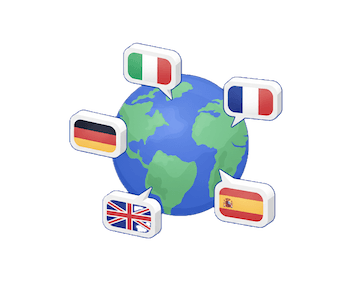 Ilustración isométrica del globo terráqueo con bocadillos y diferentres banderas