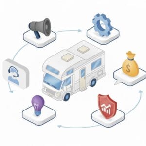 Ilustración isométrica de una autocaravana en el centro de un diagrama de flujo con iconos de servicios empresariales como soporte al cliente, ideas, marketing, finanzas y seguridad.