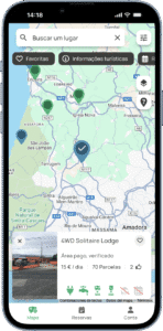 Ecrã de um telemóvel a mostrar um mapa com o alojamento 4WD Solitaire Lodge perto de Sintra, Portugal.