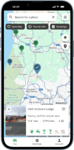Smartphone screen showing a map with the 4WD Solitaire Lodge accommodation near Sintra, Portugal.