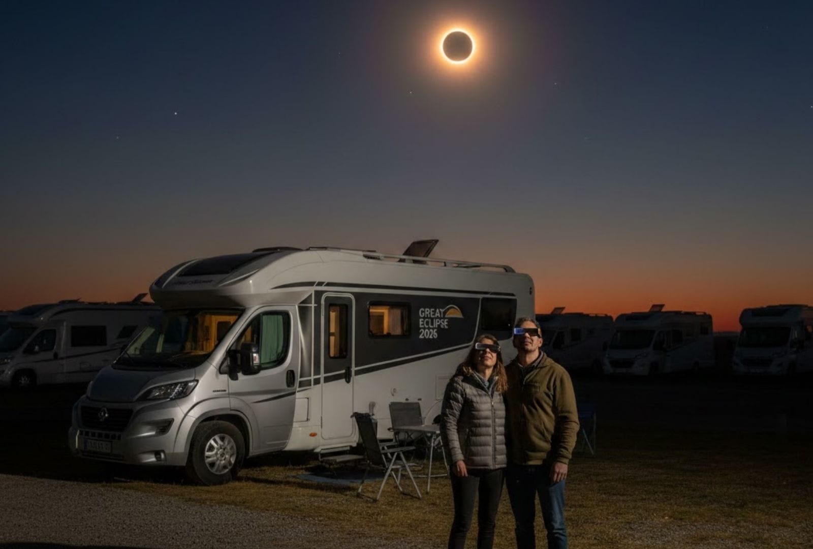 Eclipse solar 2026 en autocaravana, pareja viendo el eclipse desde su autocaravana