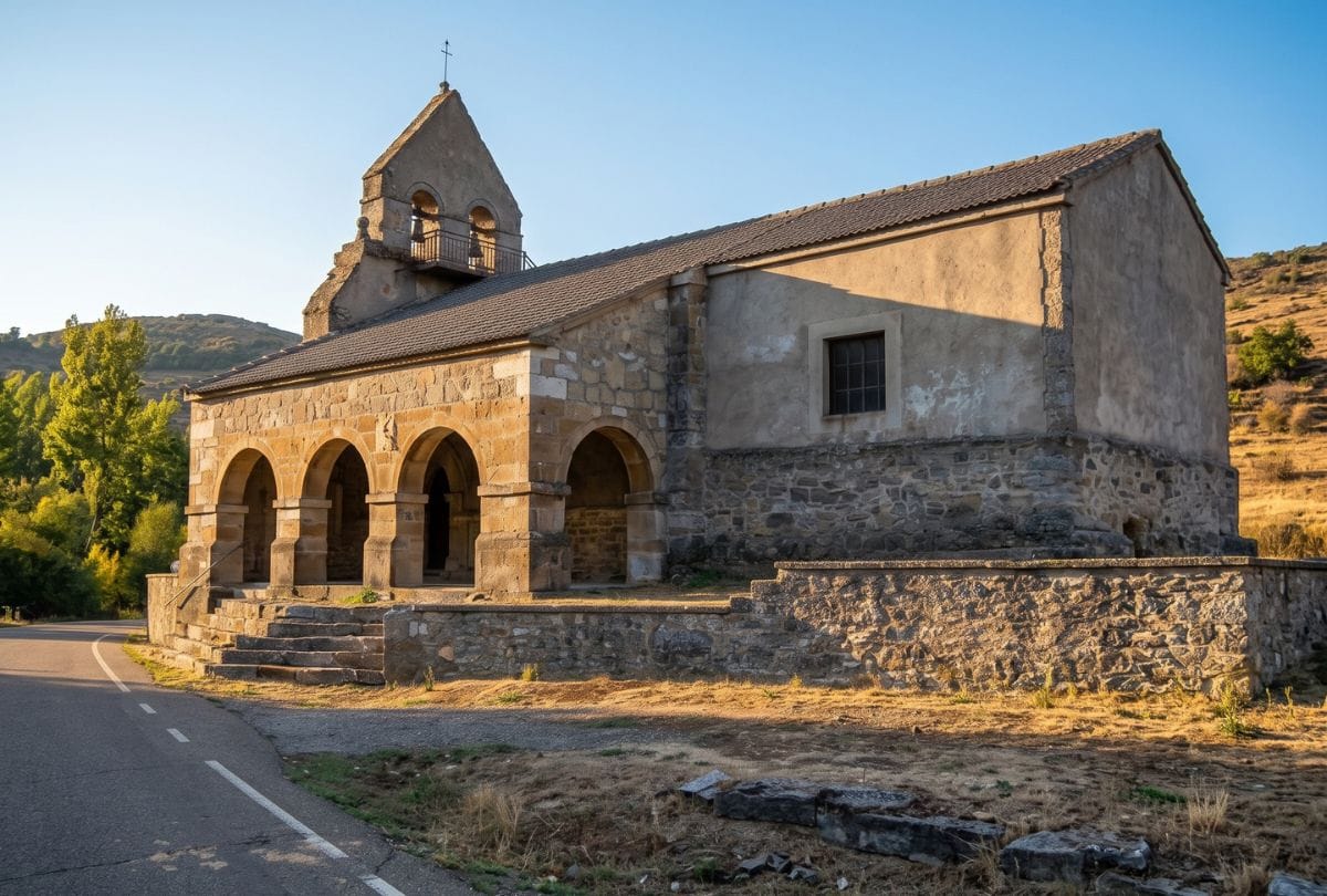 Ermita de piedra junto a una carretera en curva, con un pórtico de arcos de medio punto, una escalinata de acceso y una espadaña con dos campanas, iluminada por el sol de la tarde y rodeada de laderas secas y árboles.