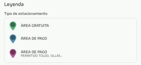 Captura de la leyenda de iconos del mapa de TripStop: Área Gratuita, Área de Pago, Área de pago que permite toldo, sillas,...